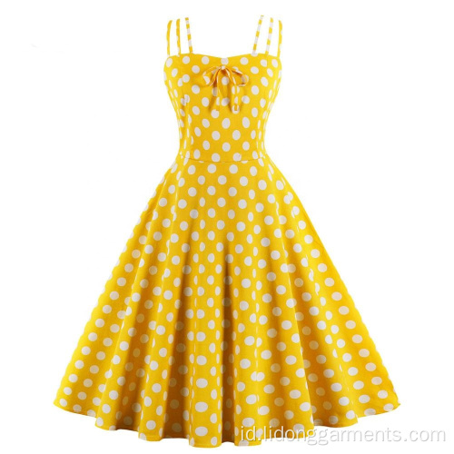 Vintage Summer Polka Dot Dot Gaun Pesta Cetak Kapas